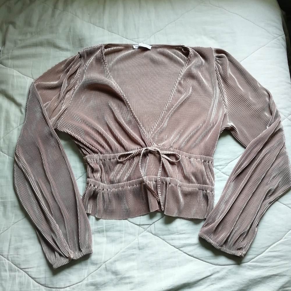 ZARA Taupe Pleated Wrap V-neck Top Large - Picture 3 of 16